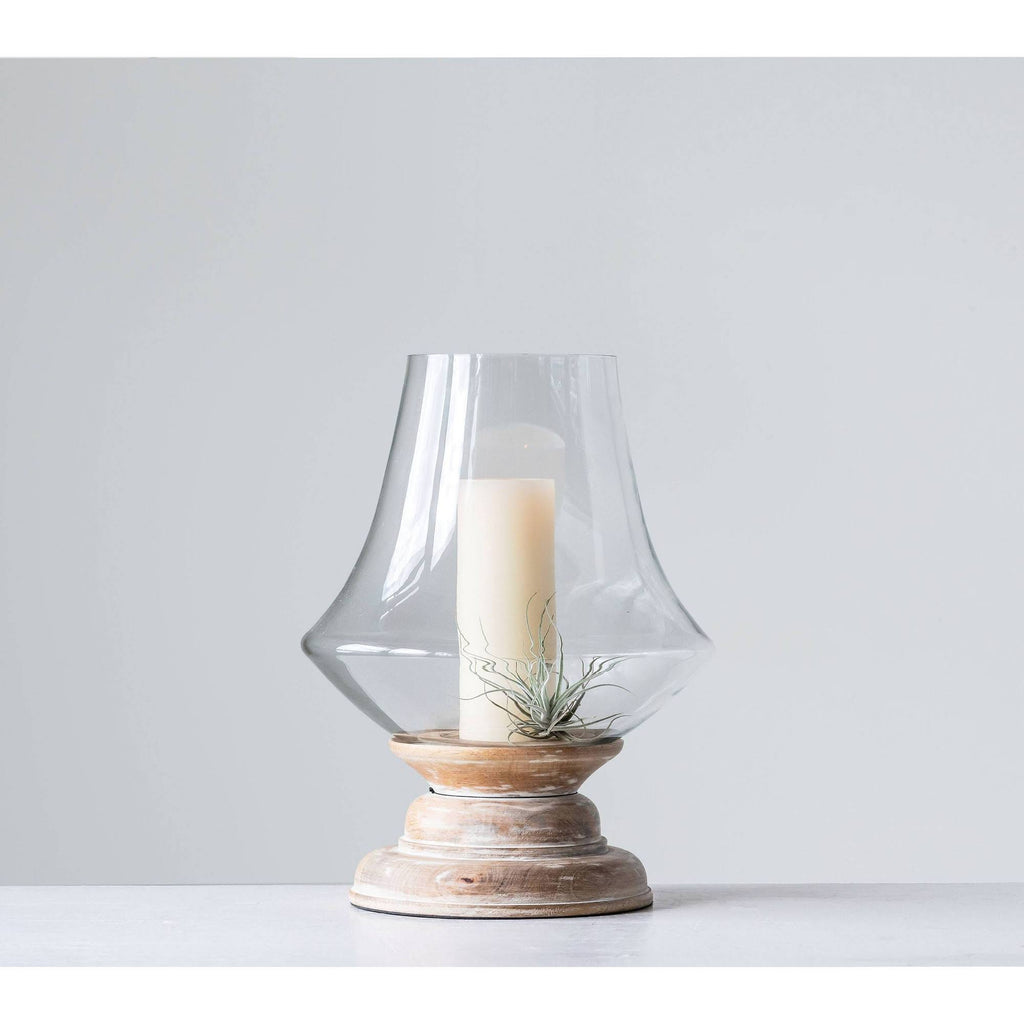 Large Whitewashed Mango Wood Handblown Glass Hurricane M946