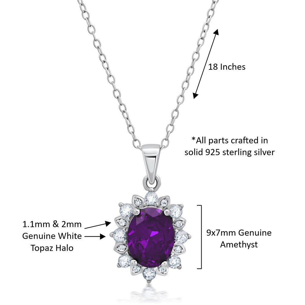 Amethyst Oval Pendant Necklace with White Topaz Halo 18 Inch Cable Chain Q450