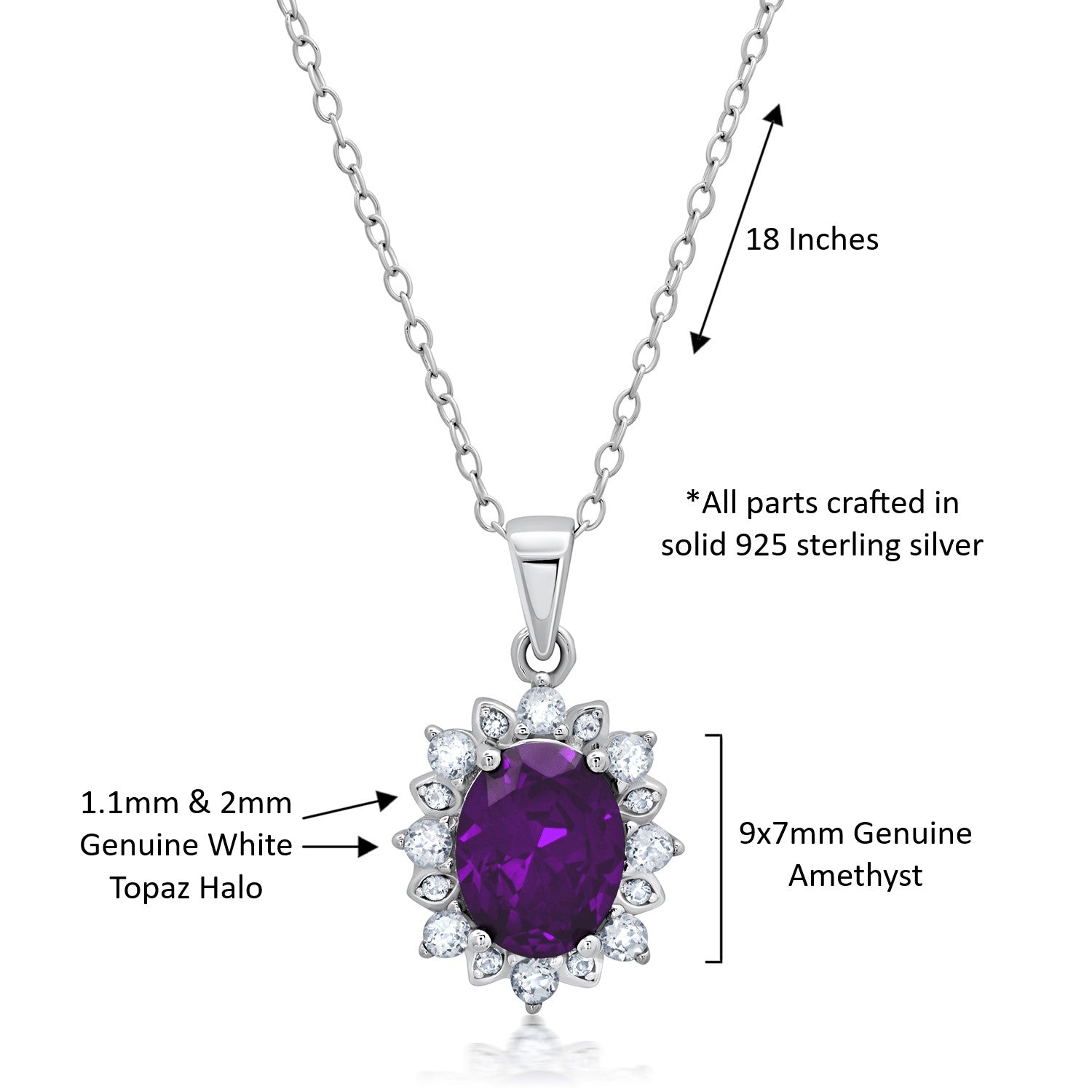 Amethyst Oval Pendant Necklace with White Topaz Halo 18 Inch Cable Chain Q450