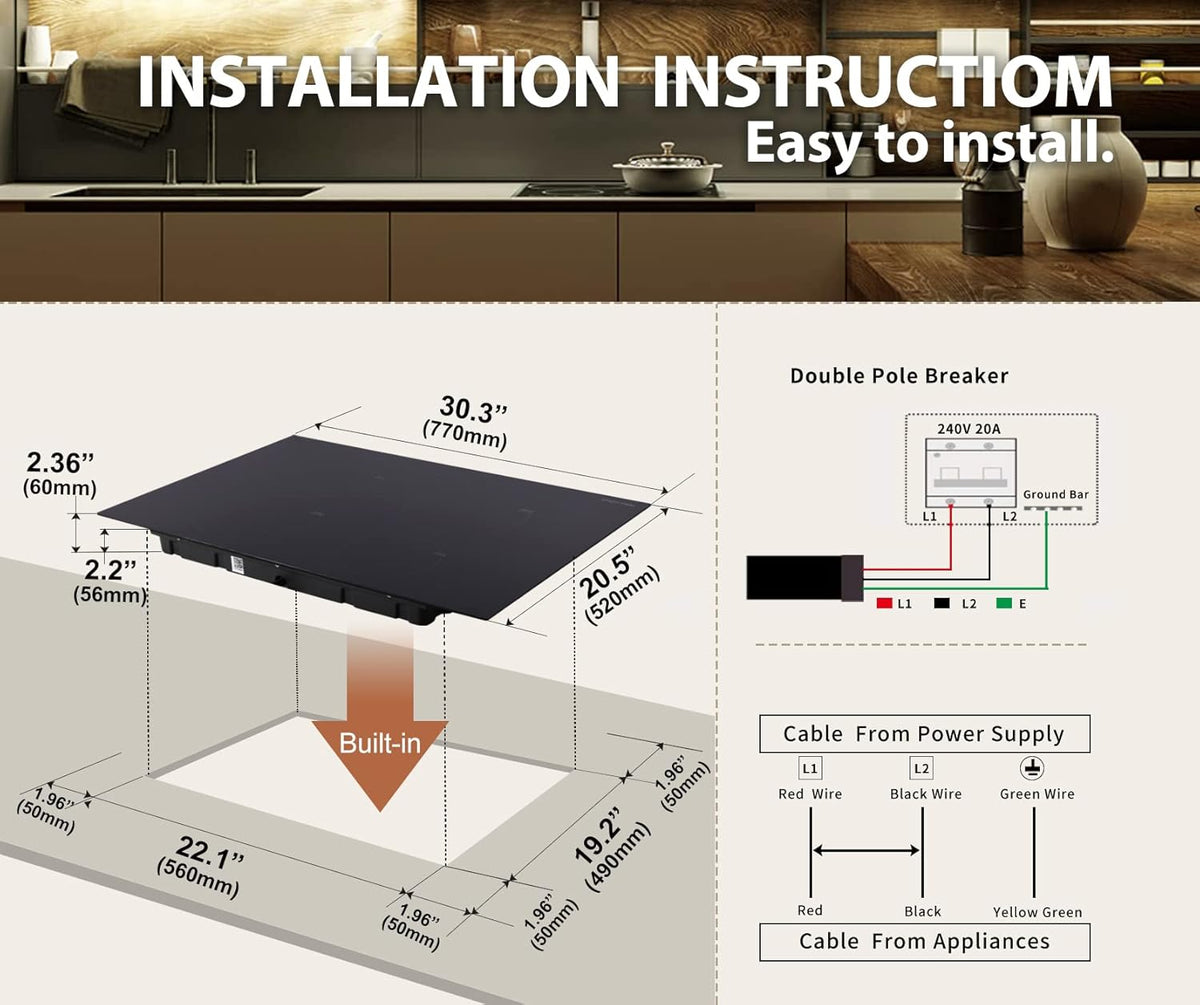 Induction Cooktop 30 Inch, 4 Burner 7000W, Built-in, 220-240V, 9 Power Levels, Timer & Kid Safety Lock F428674
