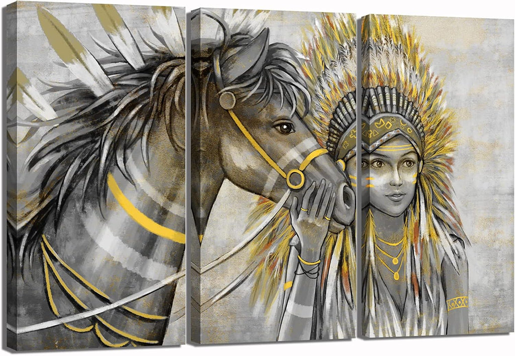 Set of 3 Canvas Painting Native American Women with Horse Feathers Headdress Poster Artwork Framed L417