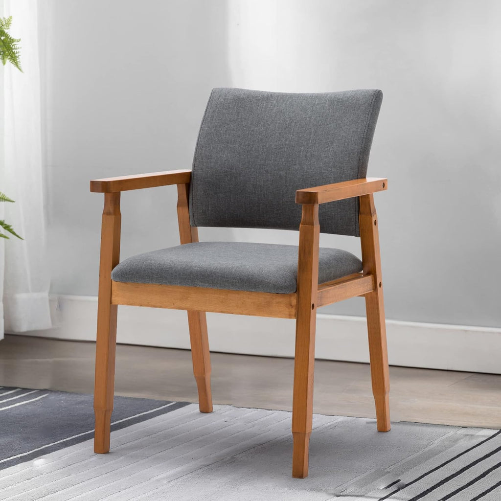 Mid Century Modern Walnut Wood Arm Beige Fabric Dining Chairs Q2555