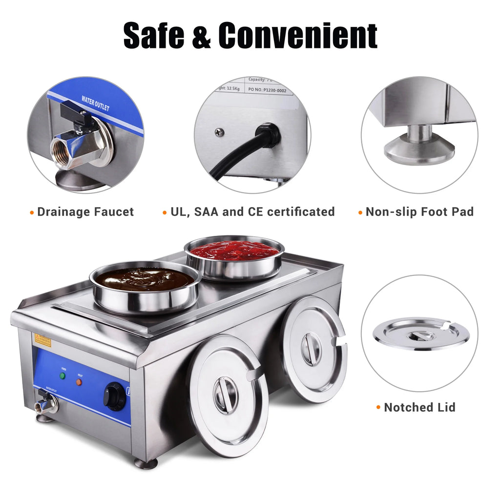 1200W Dual Pots Countertop Food Warmer Stainless Steel Commercial Bain Marie D309