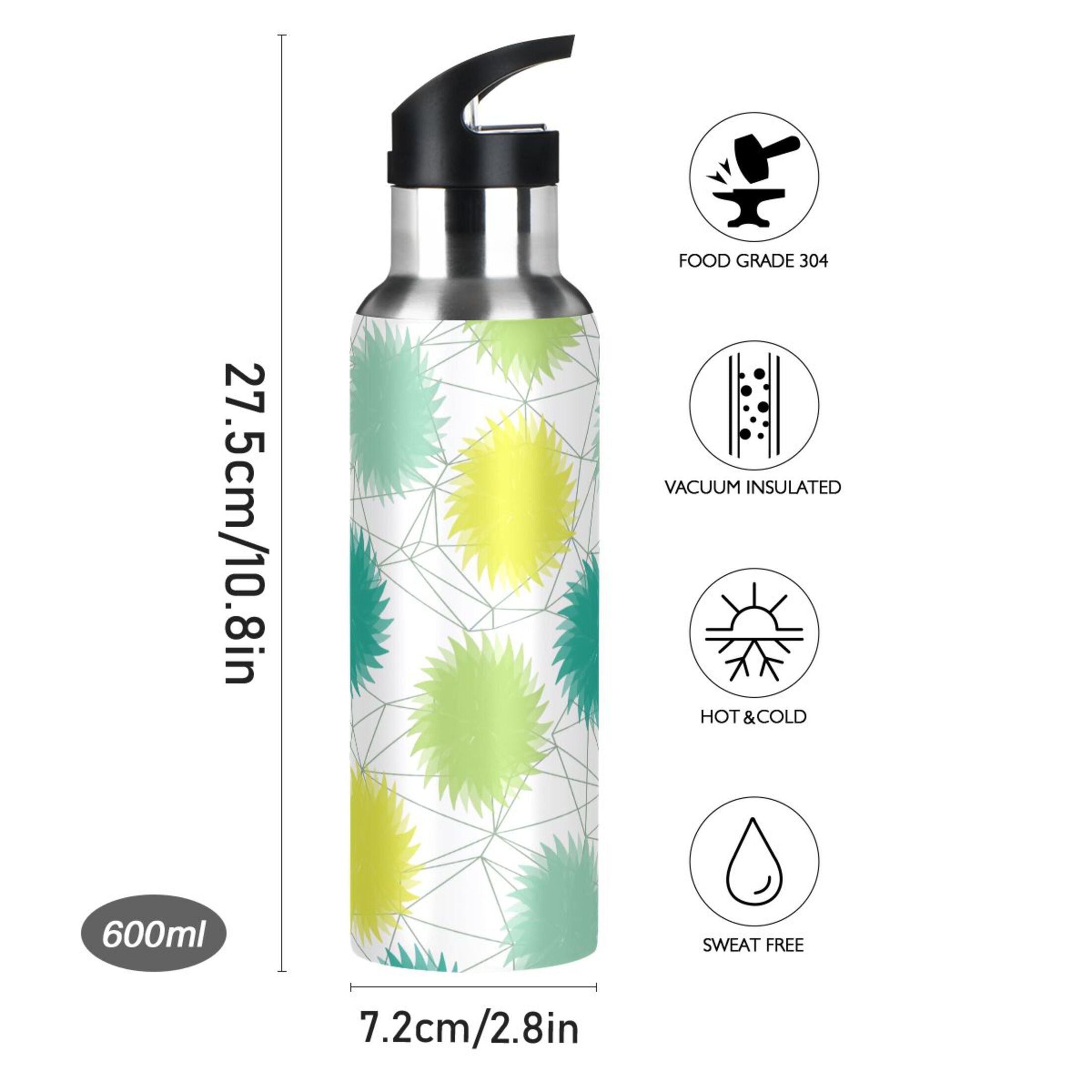 Green and Yellow Stainless Steel Insulated Water Bottle with Straw Lid S3679