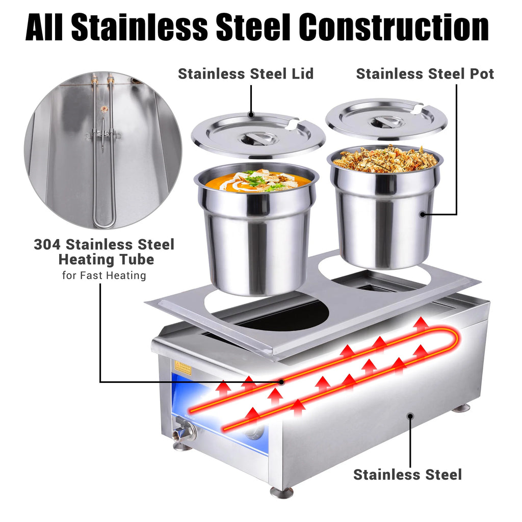 1200W Dual Pots Countertop Food Warmer Stainless Steel Commercial Bain Marie D309