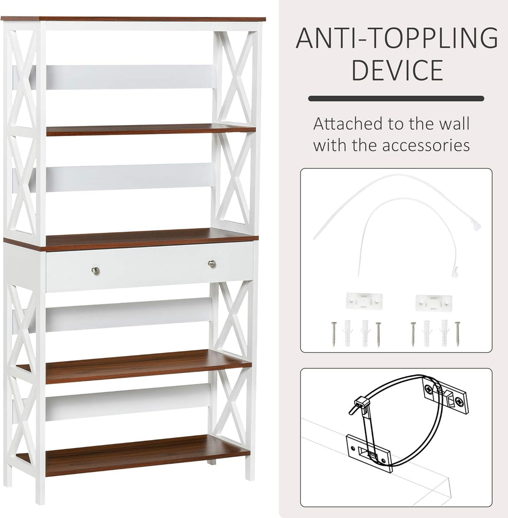 White 4-Tier Shelving Bookcase with Pull Out Drawer W681