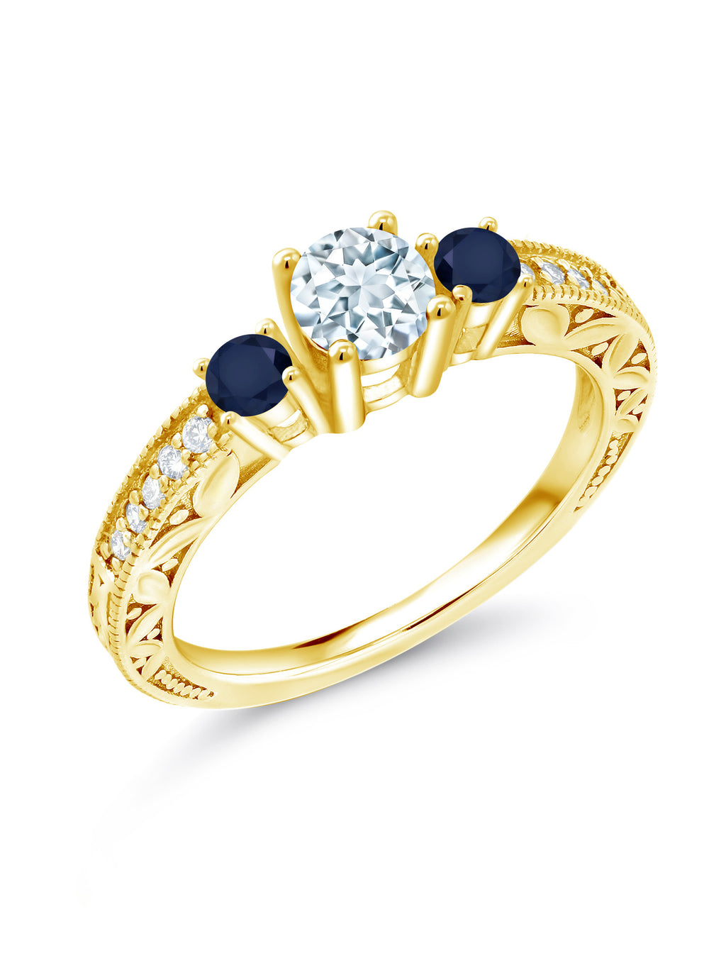 0.93 Ct Round Sky Blue Aquamarine Blue Sapphire 18K Yellow Gold Plated Silver Ring V273