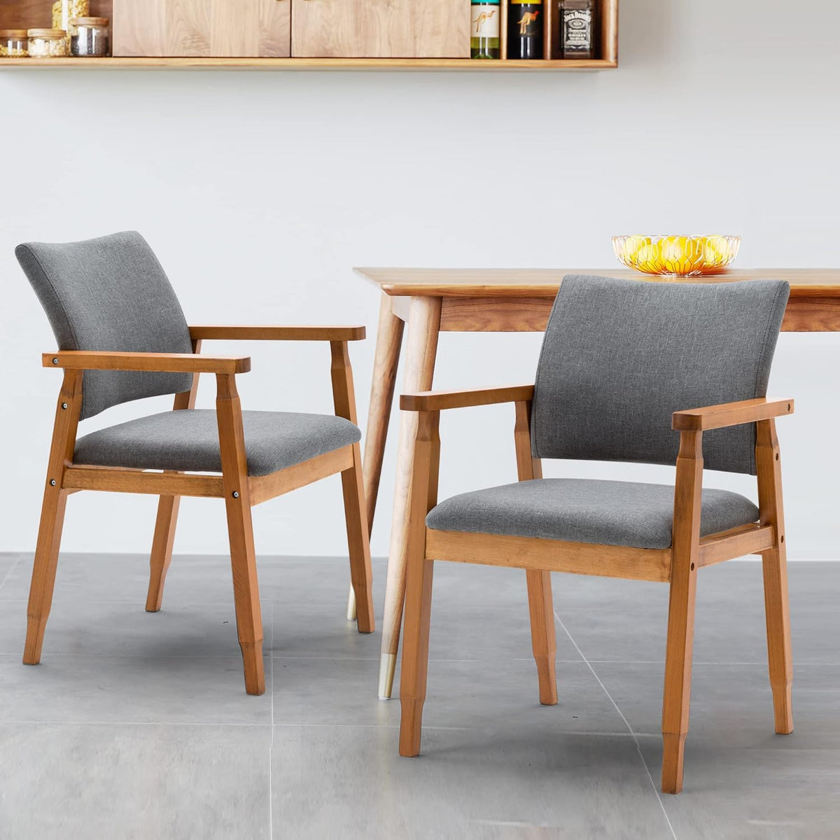 Mid Century Modern Walnut Wood Arm Beige Fabric Dining Chairs Q2555