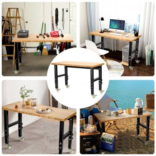 Adjustable Height Workbench Mobile Tool Bench Bamboo Top with Caster E1769