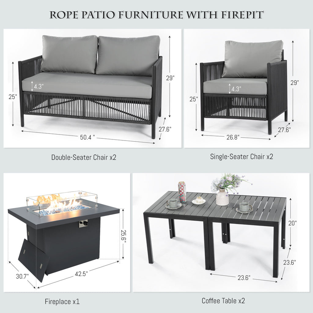 Grey Rope Patio Sectional Sofa Set with Fire Pit Table, 9 Pcs Outdoor Furniture Set X2664
