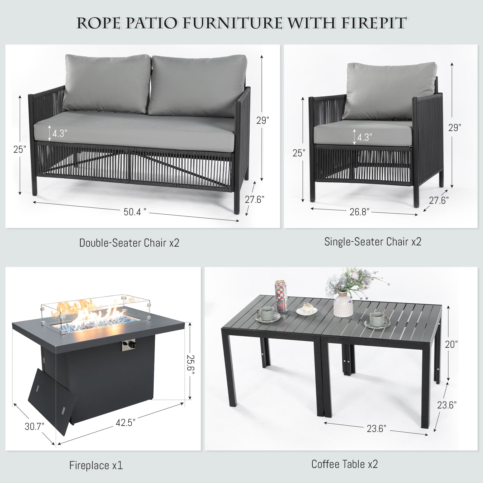 Grey Rope Patio Sectional Sofa Set with Fire Pit Table, 9 Pcs Outdoor Furniture Set X2664