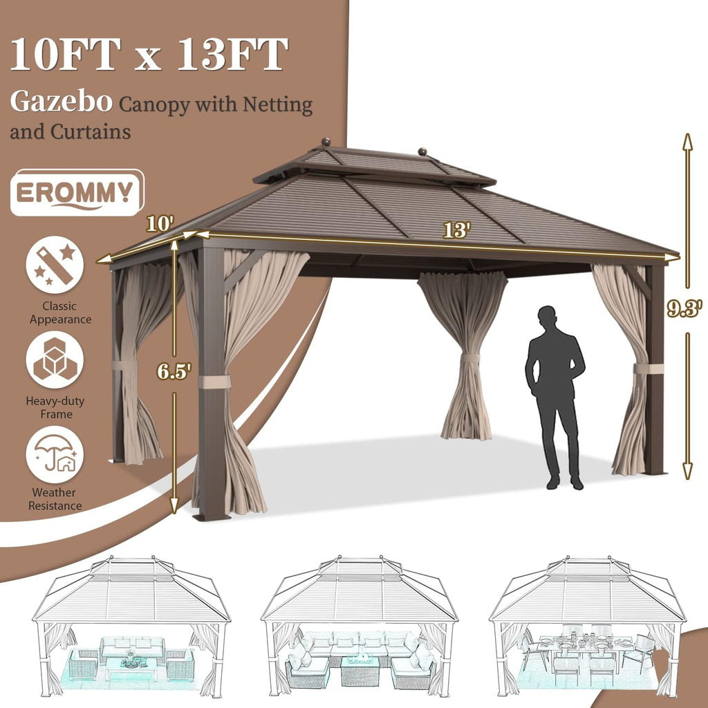 Galvanized Steel Aluminum Frame Gazebo with Netting and Curtains 10'x 13' O1989