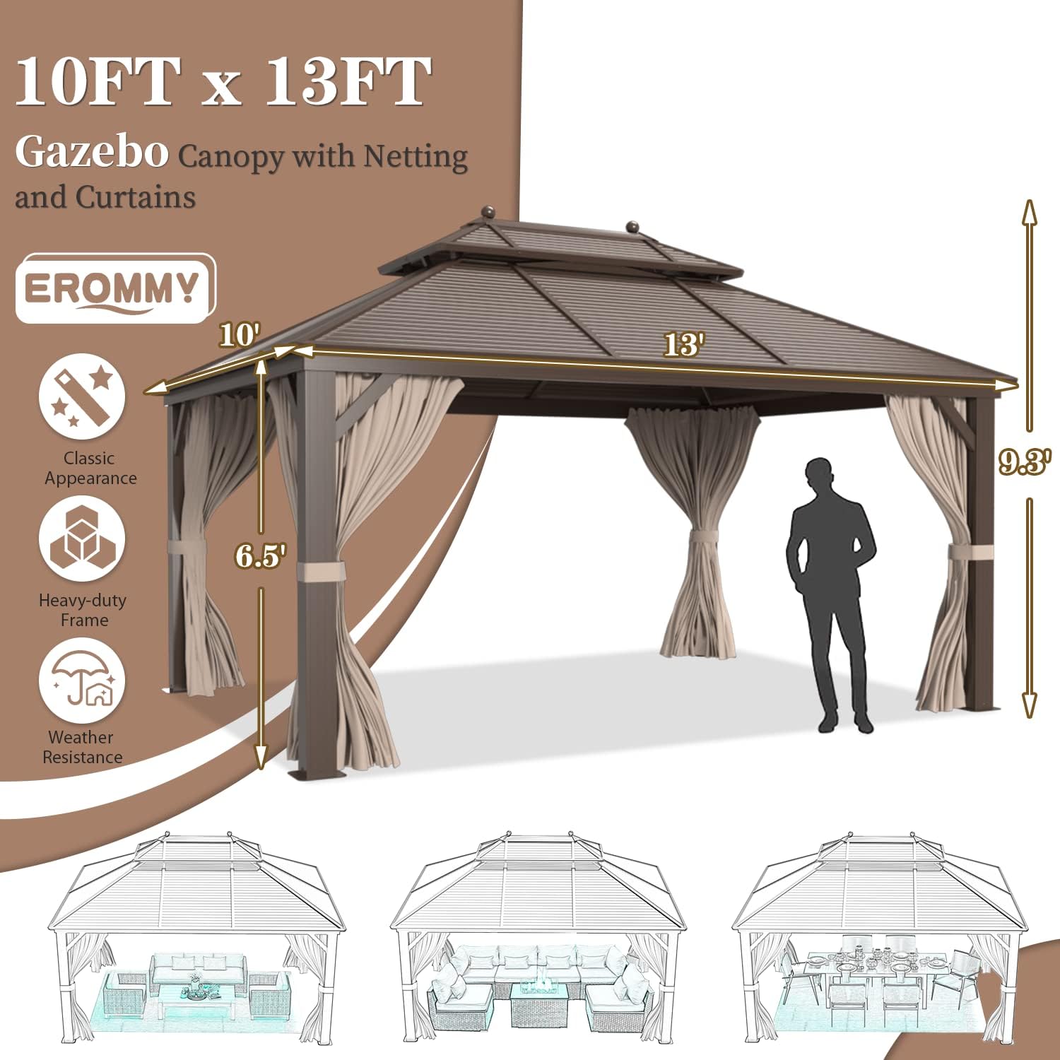 Galvanized Steel Aluminum Frame Gazebo with Netting and Curtains 10'x 13' O1989