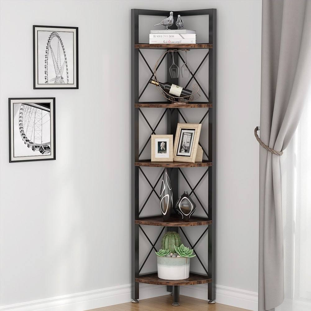 5 Tier Corner Bookshelf Bookcase Brown T6090