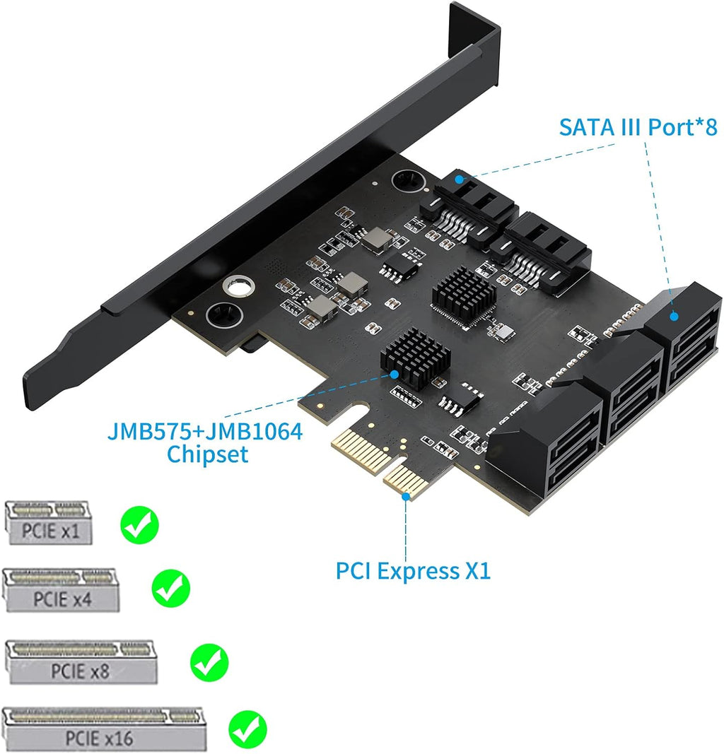 8 Port PCIe SATA 3.0 Controller Expansion Card with 8 SATA Cables and 2 Power Splitter Cables M581153