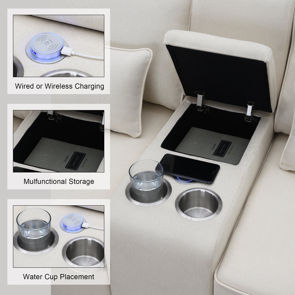Upholstered Sofa with Console, 2 Cupholders and 2 USB Ports, Linen Fabric, 4-Seat J705195