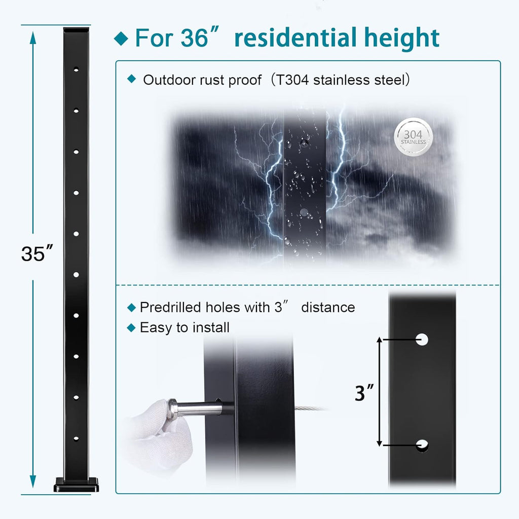 4Pack 36''x2''x2'' Black Square Weldless Stainless Steel Pre-Drilled Cable Railing Post B560115