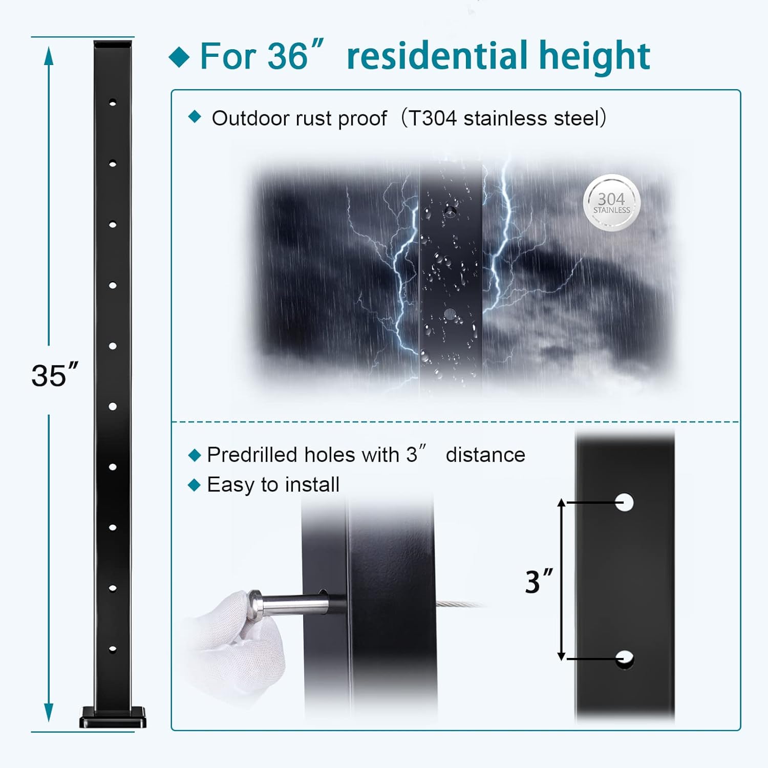4Pack 36''x2''x2'' Black Square Weldless Stainless Steel Pre-Drilled Cable Railing Post B560115