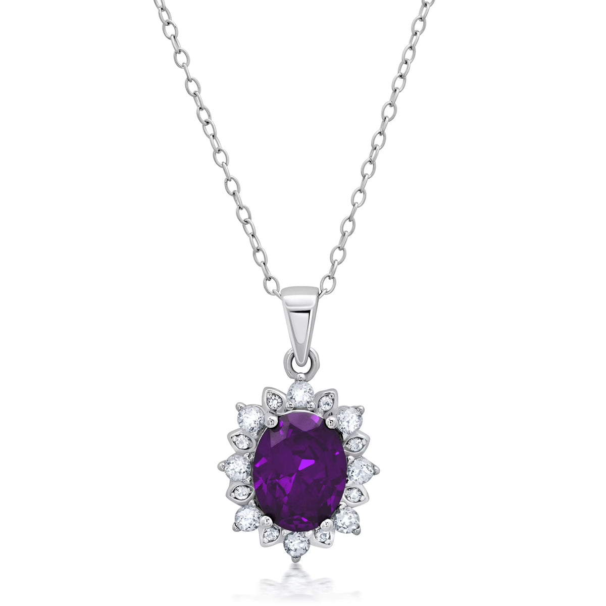 Amethyst Oval Pendant Necklace with White Topaz Halo 18 Inch Cable Chain Q450