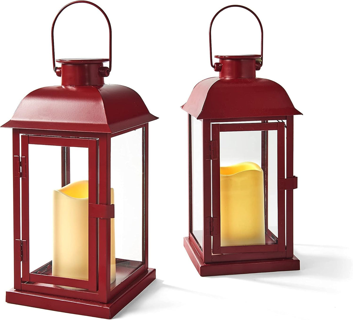 Red Outdoor Lanterns with Solar Candles, 11 Inch Tall, Set of 2, Waterproof Metal E760522