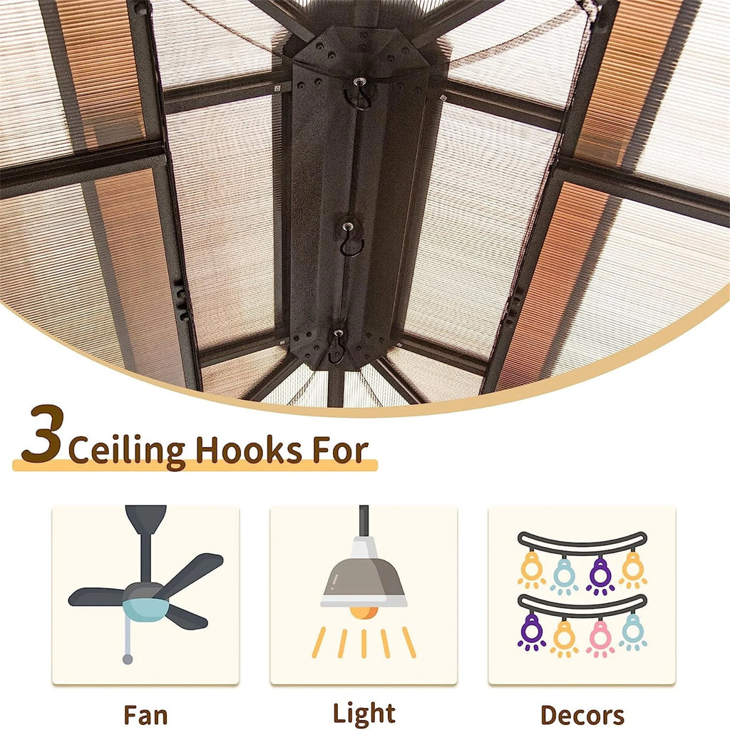 Brown Hardtop Pergola with Bug Netting and Curtains S5689