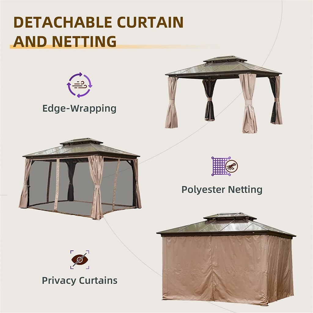 Brown Hardtop Pergola with Bug Netting and Curtains S5689