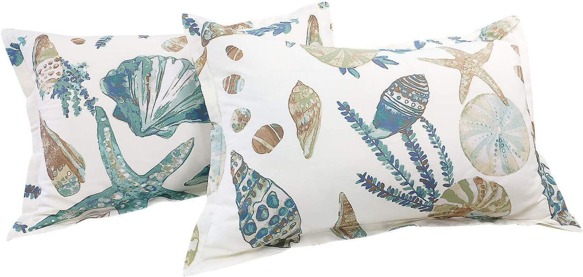 White Teal Seashells Starfish 100% Cotton Queen Size Duvet Cover Set 3 Pieces L477