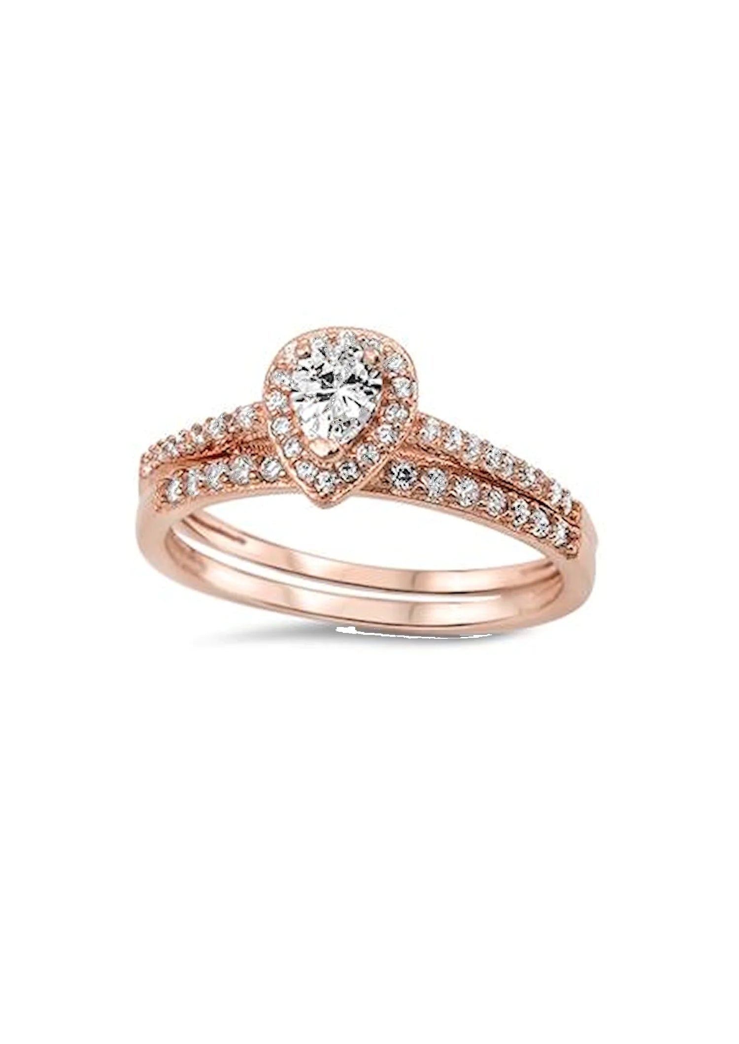 Rose Gold Halo Cz Wedding Ring Set L417