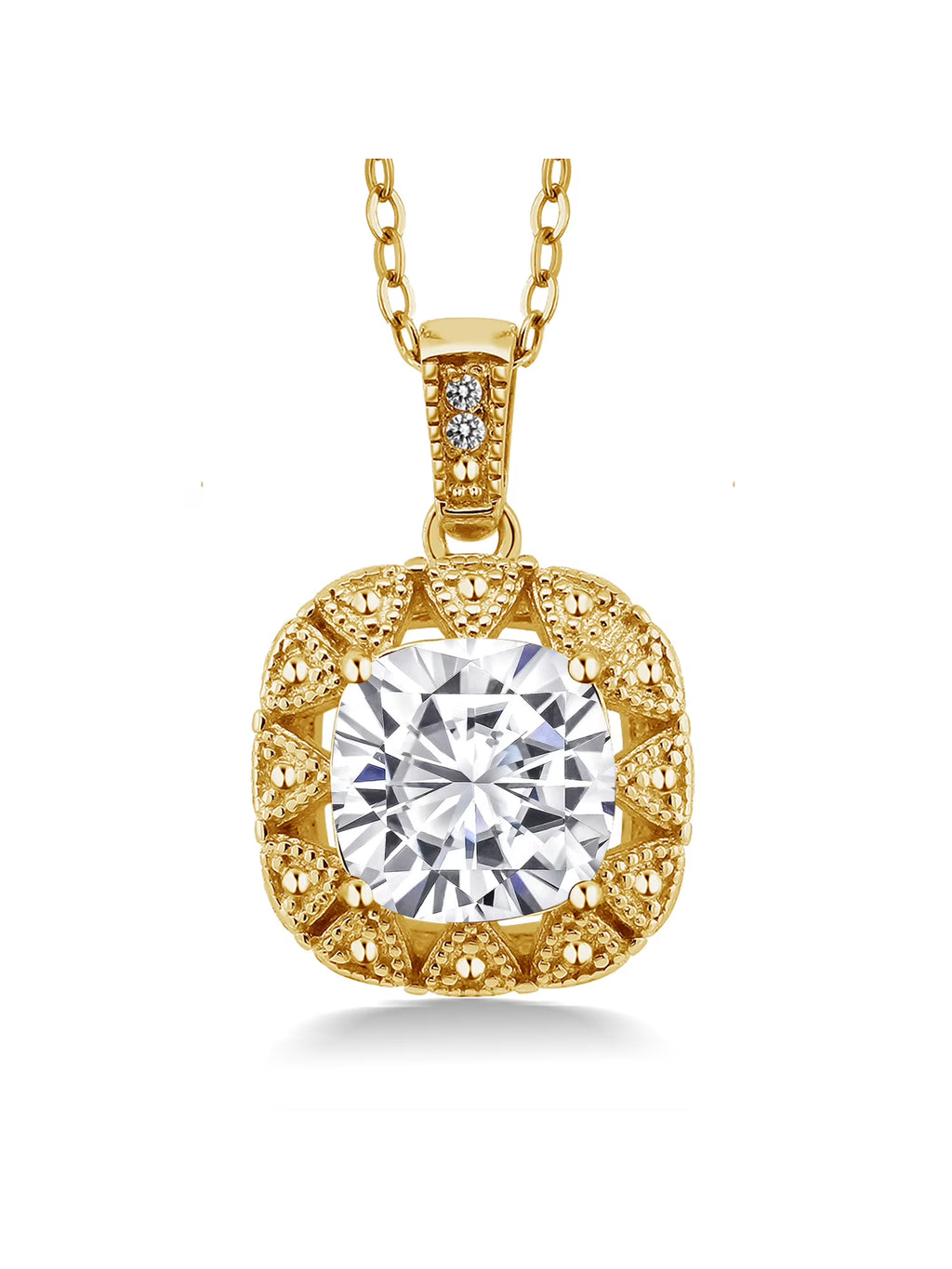 18K Yellow Gold Plated Silver White Moissanite and White Diamond Pendant Necklace (2.41 Cttw, Cushion 8MM, with 18 inch Chain) L269657