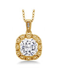 18K Yellow Gold Plated Silver White Moissanite and White Diamond Pendant Necklace (2.41 Cttw, Cushion 8MM, with 18 inch Chain) L269657