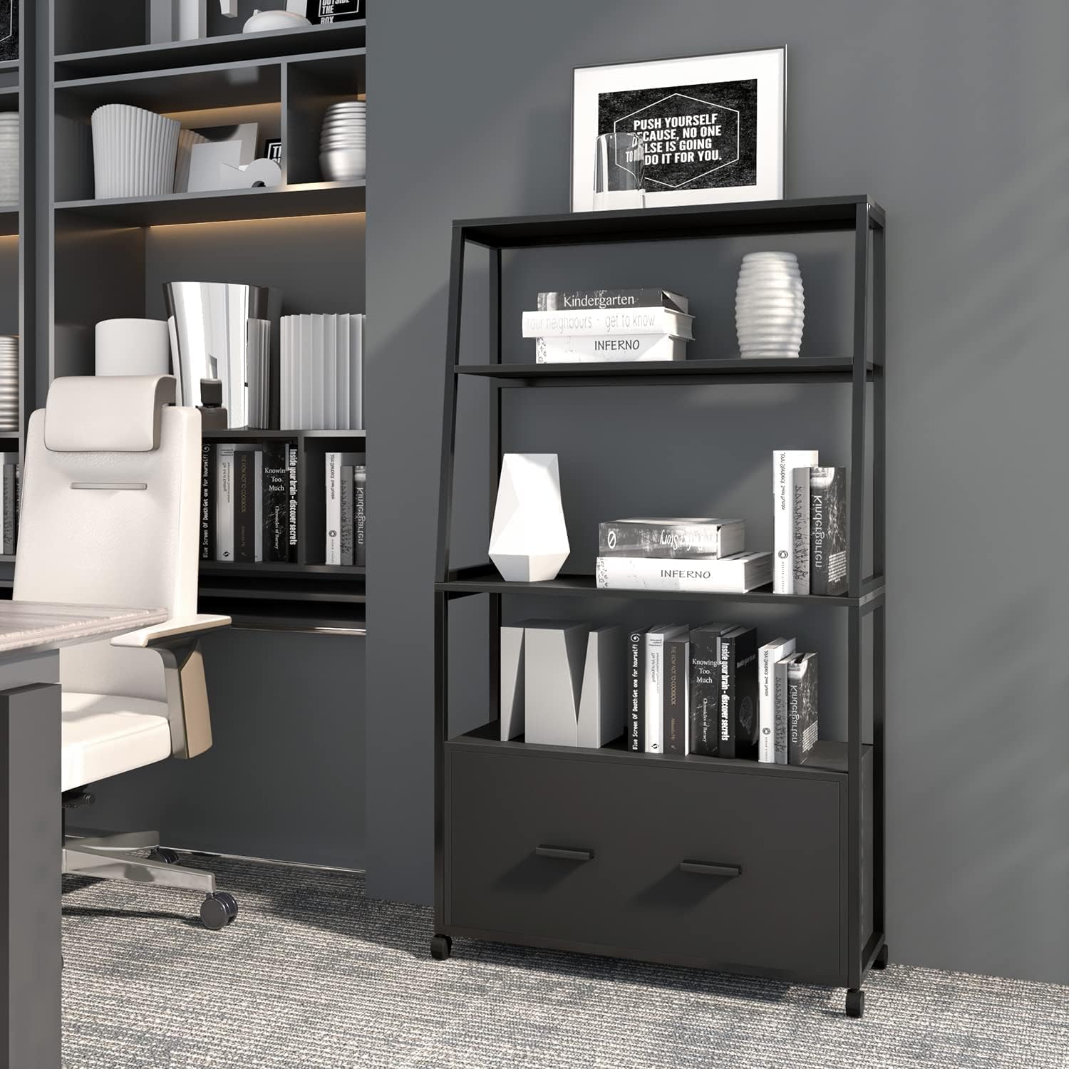 Black Rolling File Cabinet with Drawer K17055