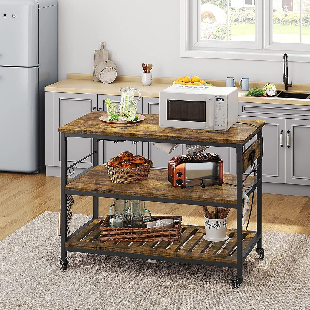Rustic Brown Rolling Kitchen Cart with Power Outlet M1301