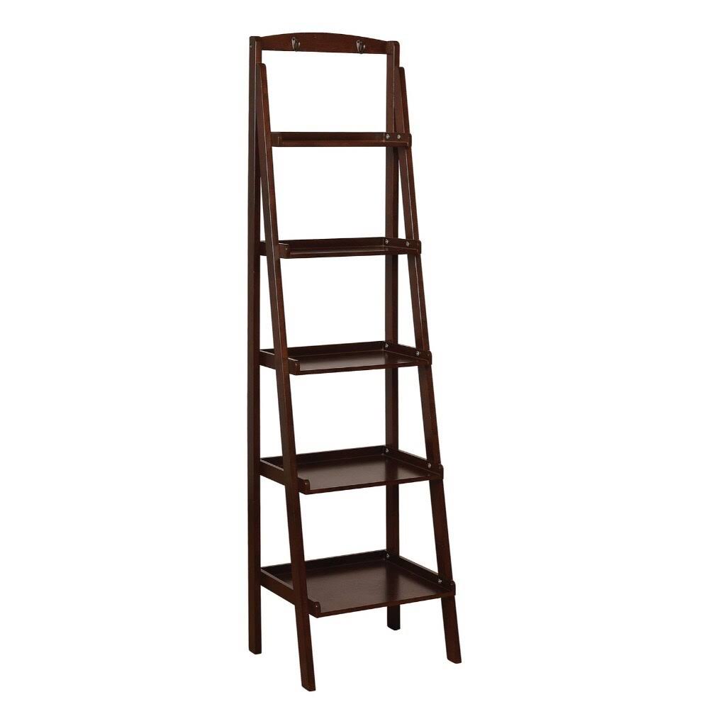 Espresso Brown Five Tier Wooden Ladder Shelf with Two Attached Hook X692411