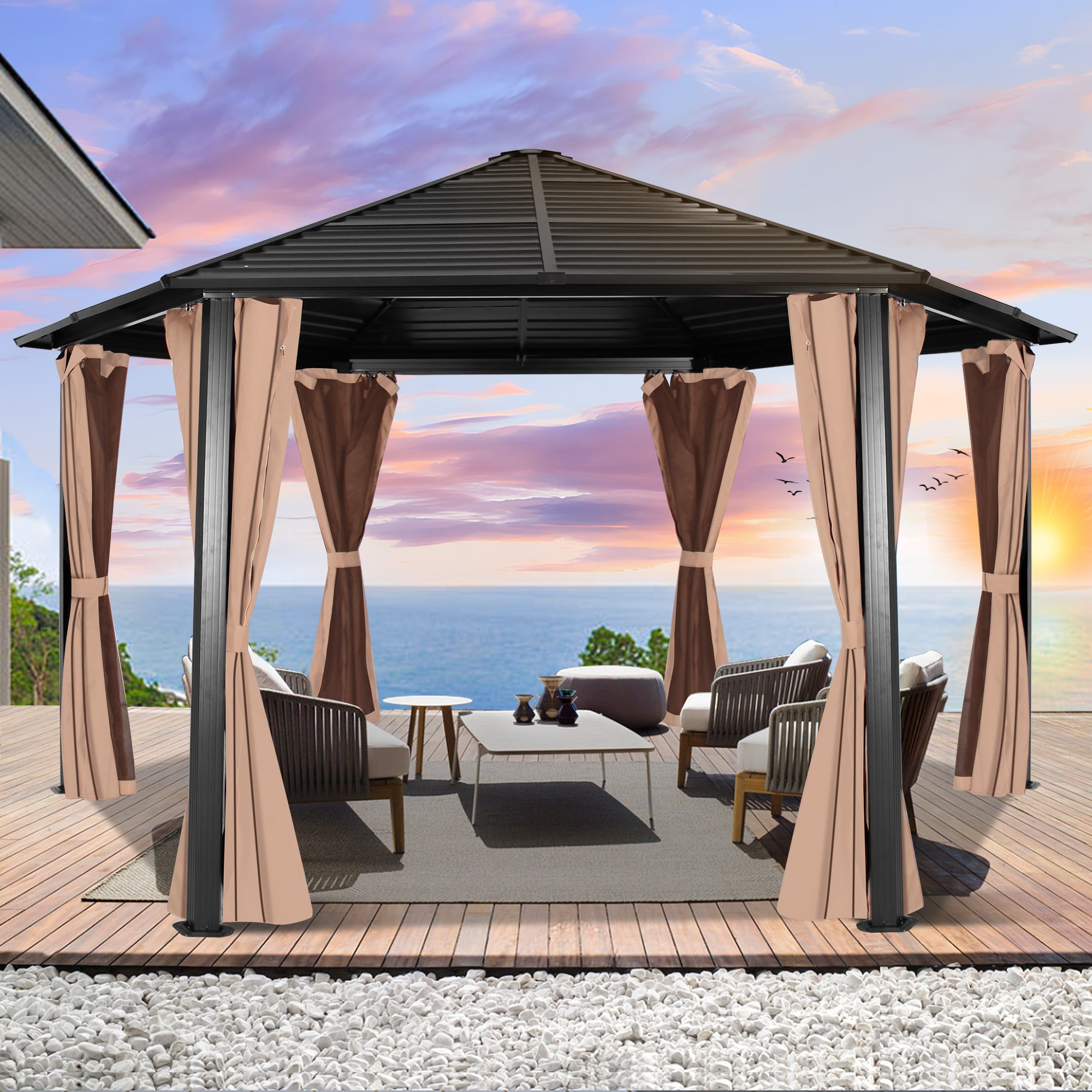 Hexagonal Hardtop Gazebo with Curtains & Mesh Screen A8256
