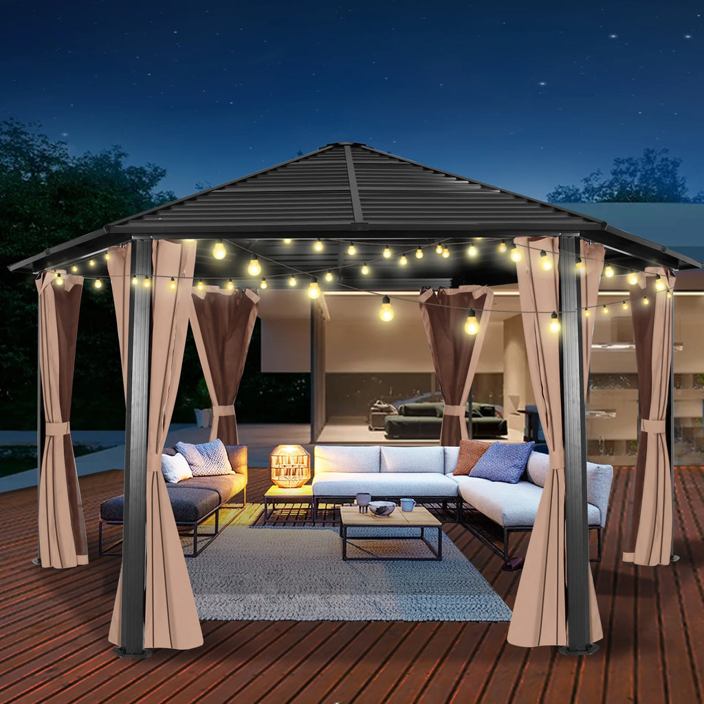 Hexagonal Hardtop Gazebo with Curtains & Mesh Screen A8256