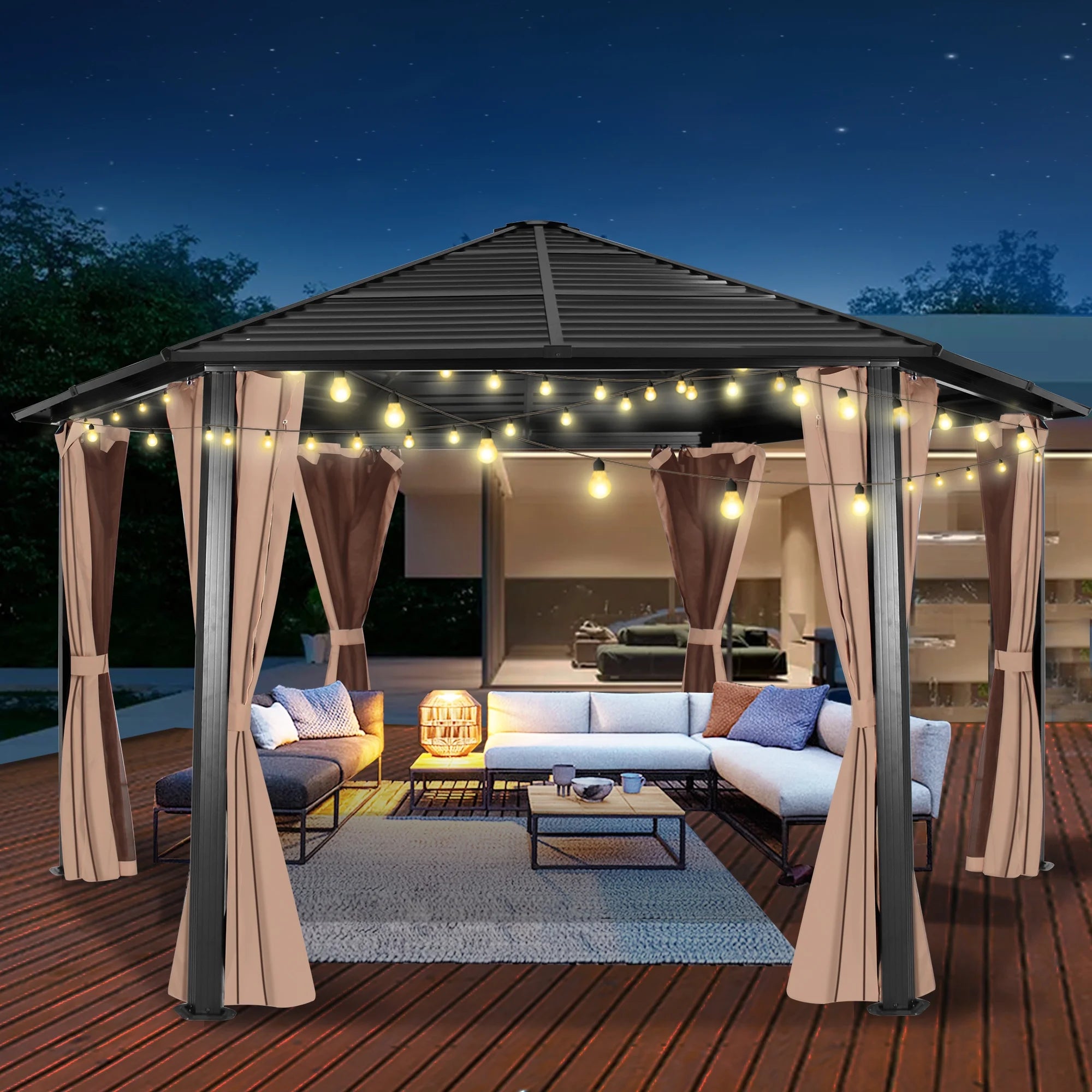 Hexagonal Hardtop Gazebo with Curtains & Mesh Screen A8256