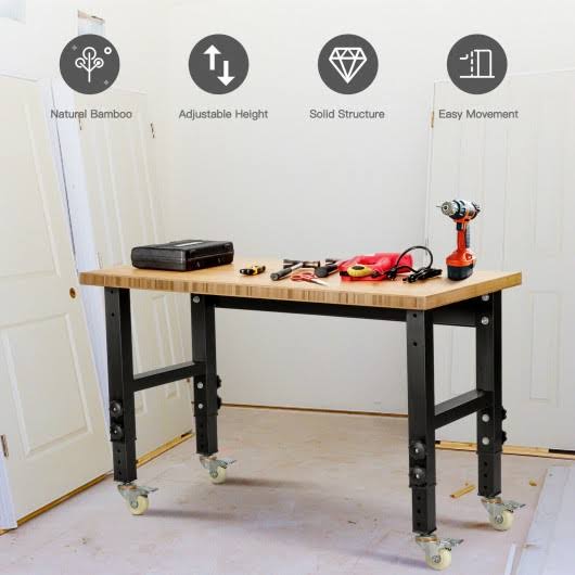 Adjustable Height Workbench Mobile Tool Bench Bamboo Top with Caster E1769