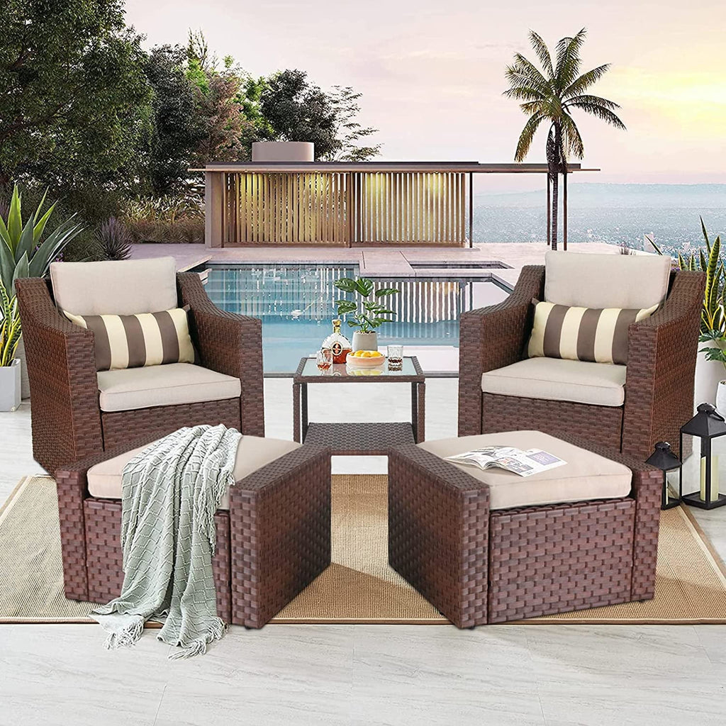 5-Piece Outdoor Wicker Conversation Set with Lounge Chairs & Ottomans F937818