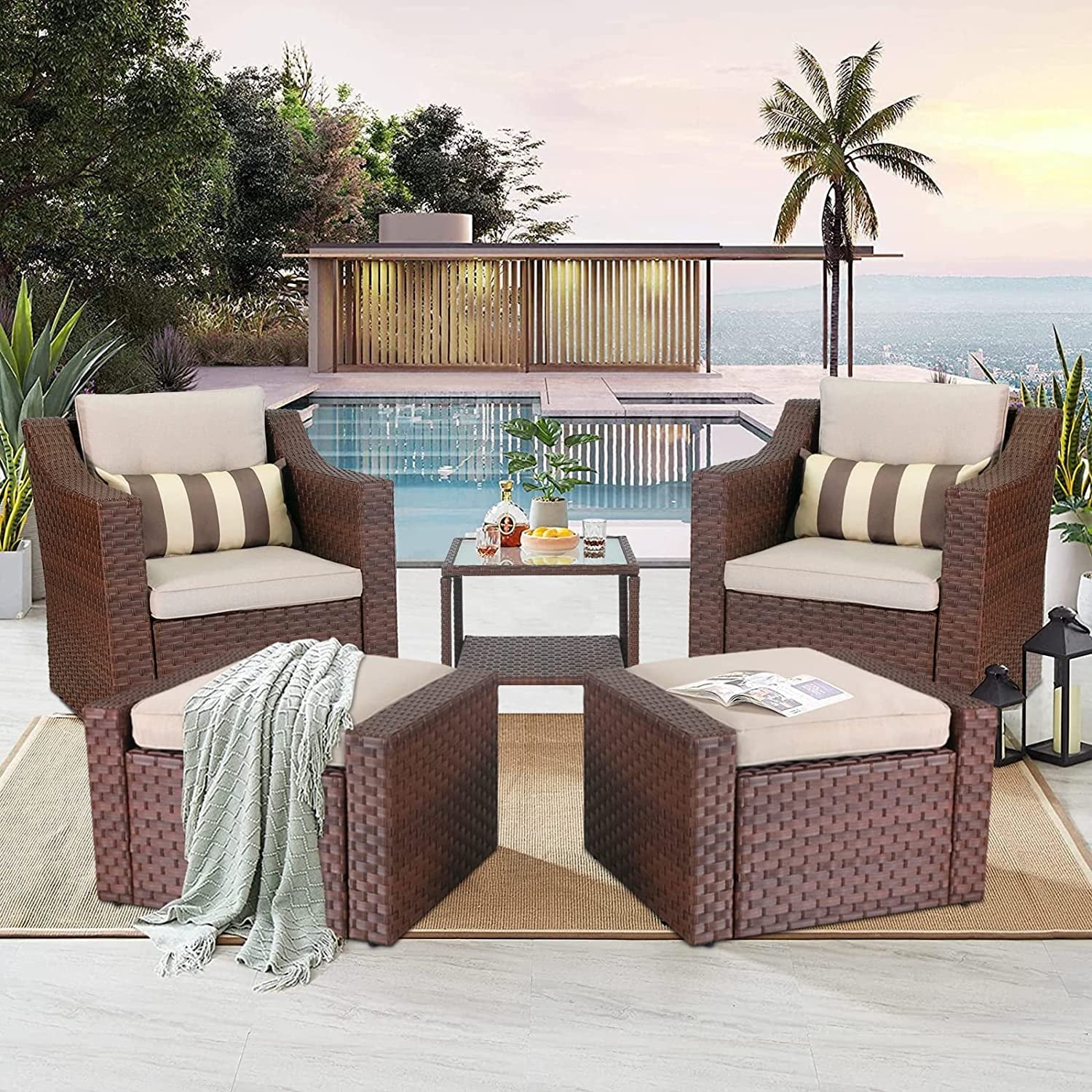 5-Piece Outdoor Wicker Conversation Set with Lounge Chairs & Ottomans F937818
