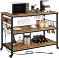 Rustic Brown Rolling Kitchen Cart with Power Outlet M1301