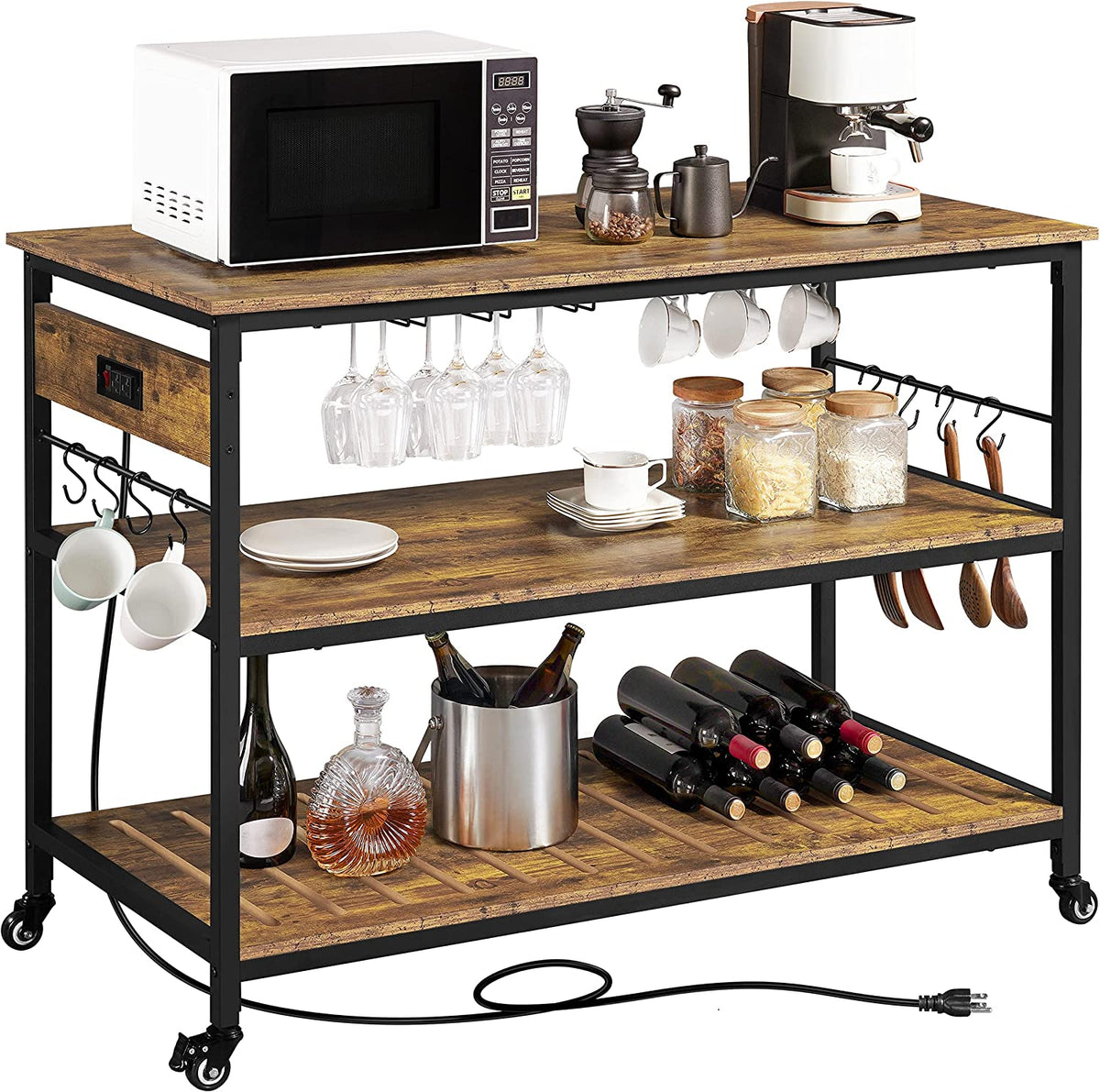 Rustic Brown Rolling Kitchen Cart with Power Outlet M1301