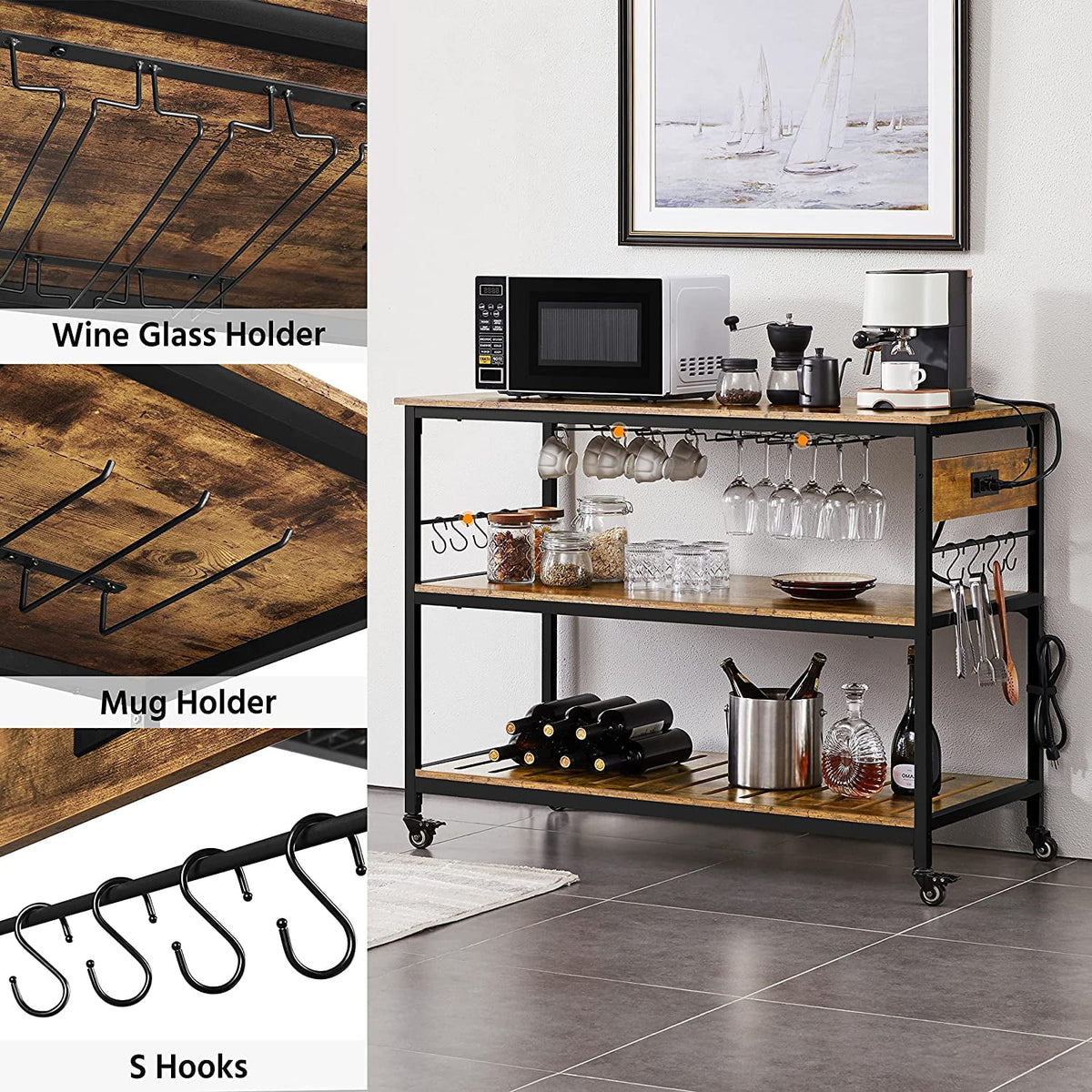 Rustic Brown Rolling Kitchen Cart with Power Outlet M1301