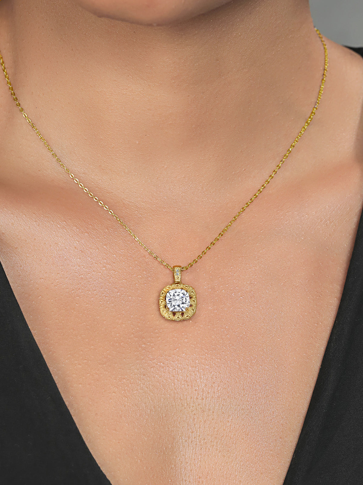18K Yellow Gold Plated Silver White Moissanite and White Diamond Pendant Necklace (2.41 Cttw, Cushion 8MM, with 18 inch Chain) L269657