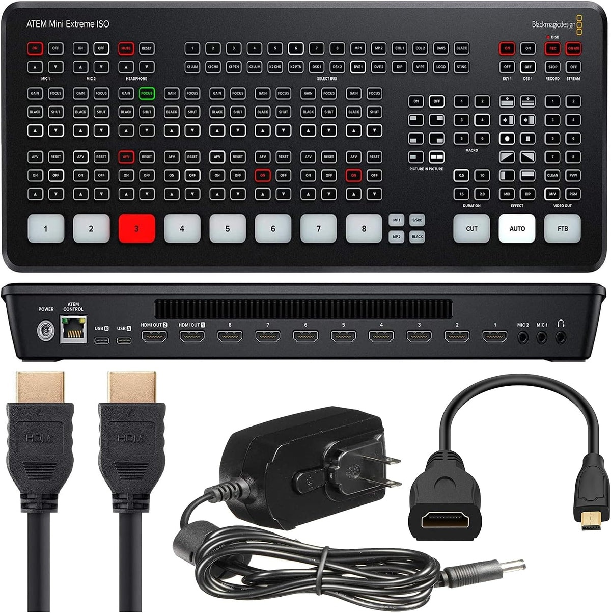 ATEM Mini Extreme ISO HDMI Live Streaming Switcher with 12V Power Supply, International Adapters & Standard HDMI Cable V5112