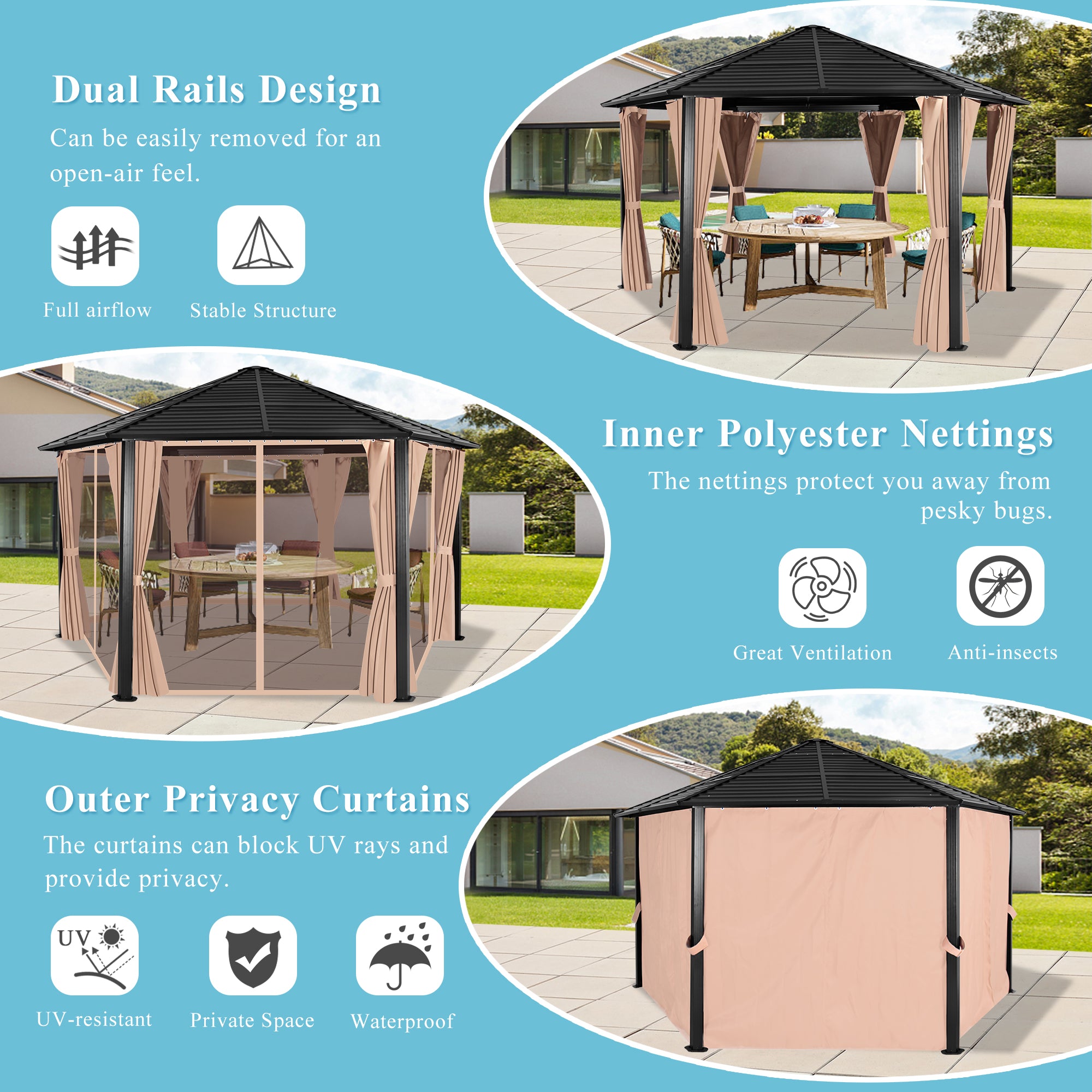 Hexagonal Hardtop Gazebo with Curtains & Mesh Screen A8256