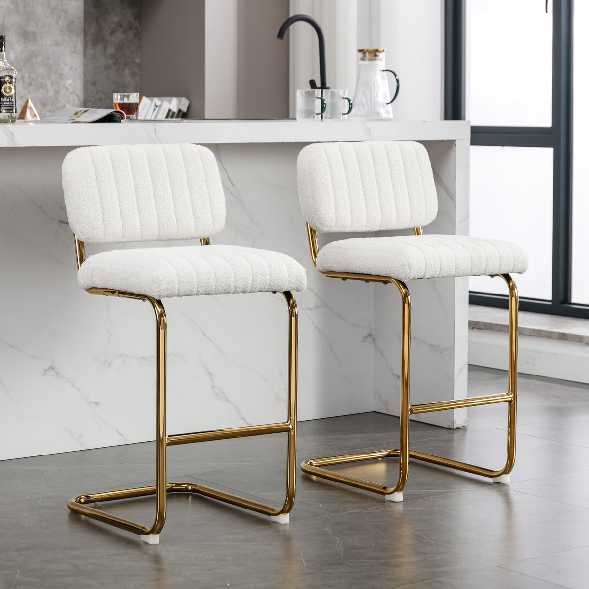 Ivory Boucle Fabric Counter Height Bar Stools Set of 2 R60871