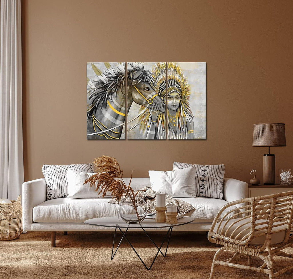 Set of 3 Canvas Painting Native American Women with Horse Feathers Headdress Poster Artwork Framed L417
