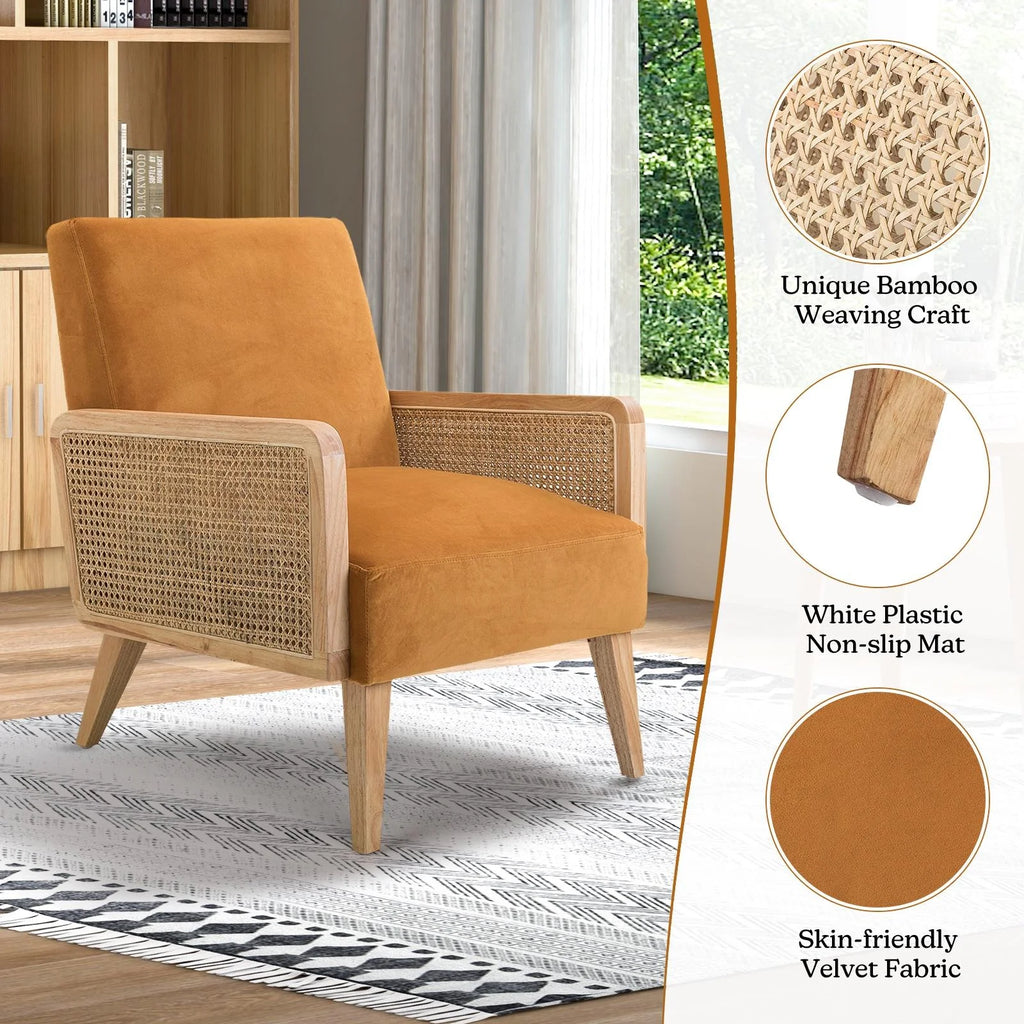 Yellow Fabric Upholstered Accent Chair with Rattan Armrests B69079