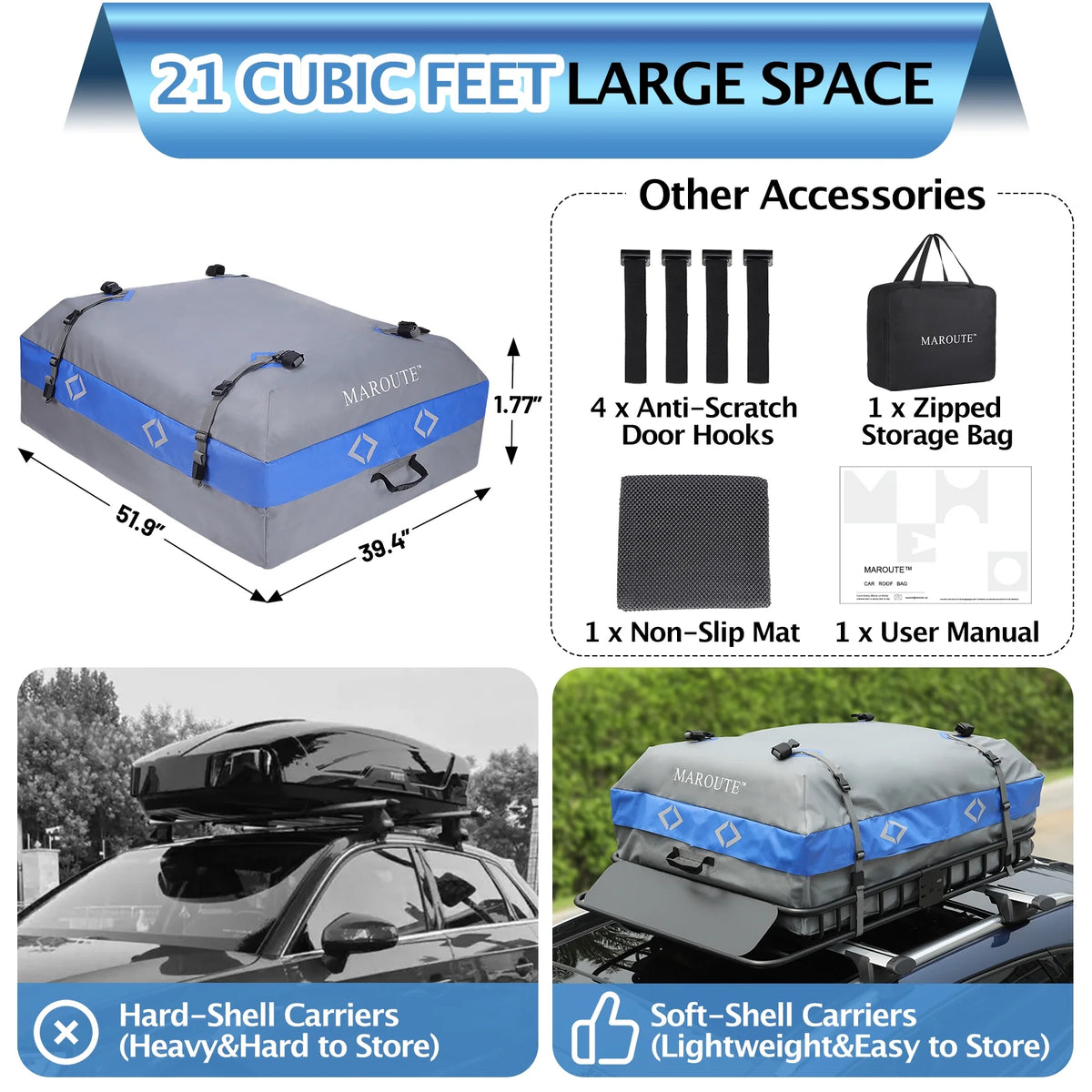 Rooftop Cargo Carrier Bag, 21 Cubic Feet Heavy Duty Waterproof Car Bag, 8 Door Hooks, Storage Bag B394