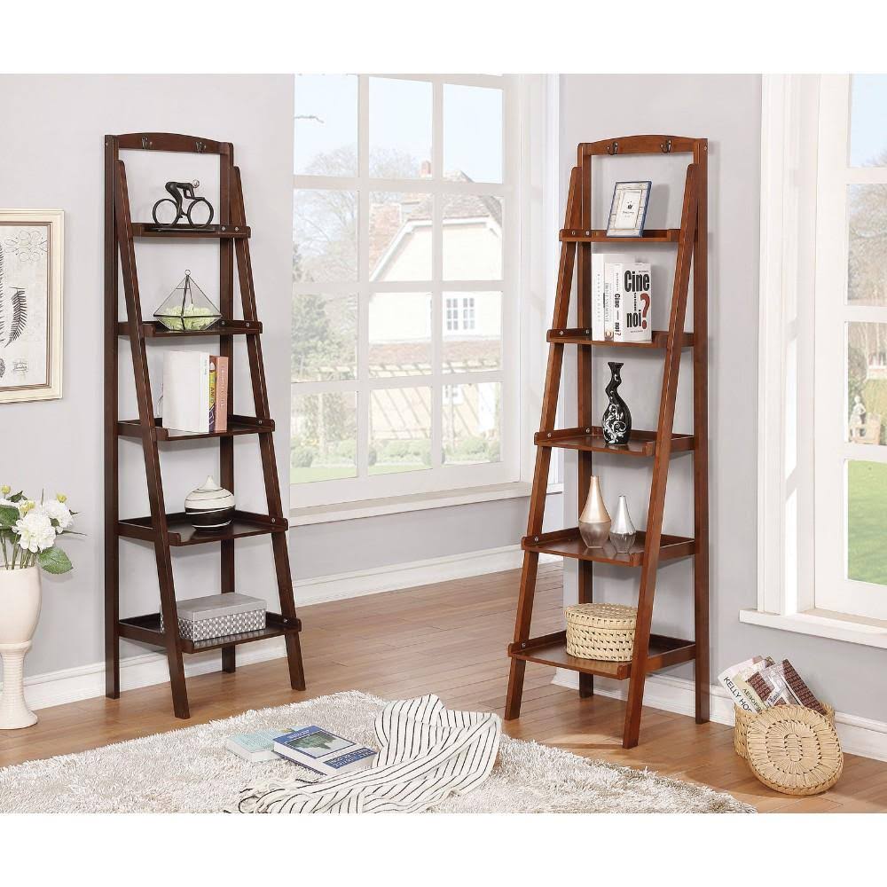 Espresso Brown Five Tier Wooden Ladder Shelf with Two Attached Hook X692411